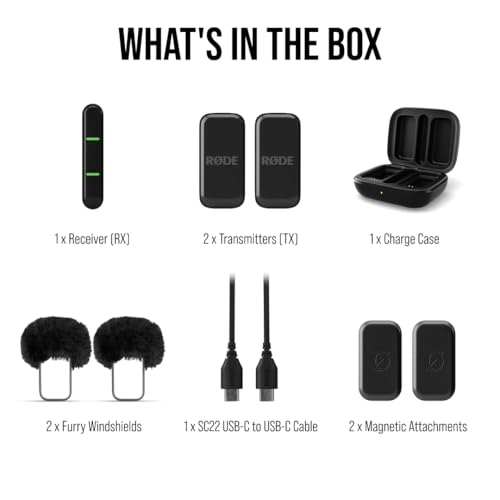 RØDE Wireless Micro - Compact Wireless Microphone Camera Kit, Two Mics with Camera Receiver, Smartphone Receiver, and Charge Case for Content Creation - USB-C, Black