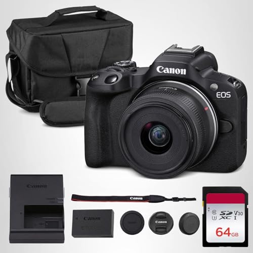 Canon EOS R50 Mirrorless Camera Kit – APS-C RF Camera with 18-45mm Lens, 4K Video, Dual Pixel AF II & Vari-Angle Touchscreen (5811C012) + Shoulder Bag + 64GB Memory Card