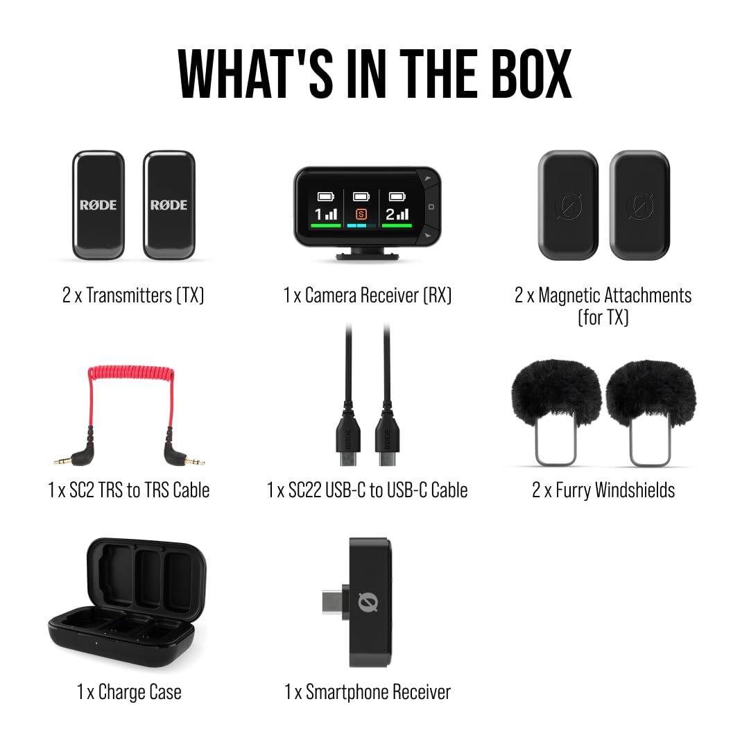 RØDE Wireless Micro - Compact Wireless Microphone Camera Kit, Two Mics with Camera Receiver, Smartphone Receiver, and Charge Case for Content Creation - USB-C, Black