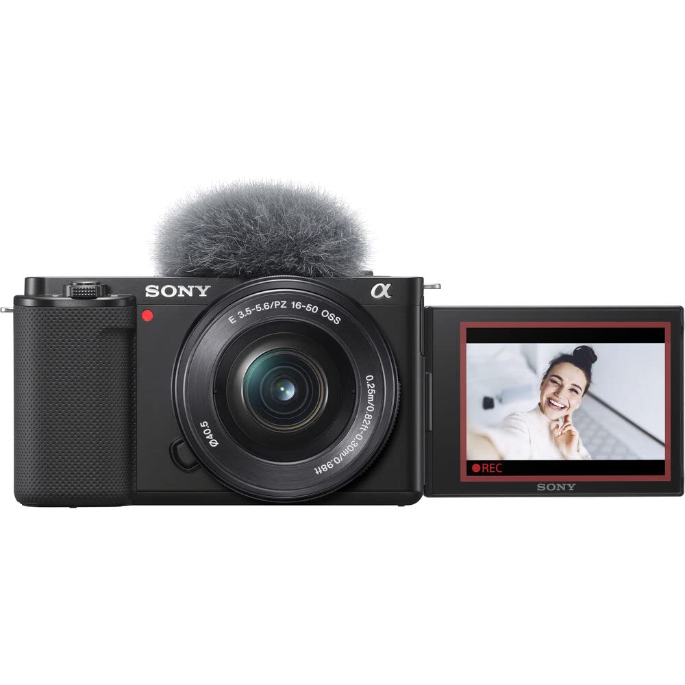 Sony ZV-E10 Mirrorless Camera Black with 16-50mm Power Zoom Lens (ILCZV-E10L) – 24.2 MP APS-C Sensor, 4K Video, Vari-Angle Screen w/ 64GB Memory Card, Bag, Card Reader and More