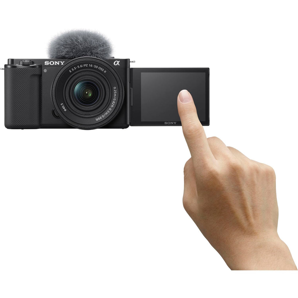 Sony ZV-E10 Mirrorless Camera Black with 16-50mm Power Zoom Lens (ILCZV-E10L) – 24.2 MP APS-C Sensor, 4K Video, Vari-Angle Screen w/ 64GB Memory Card, Bag, Card Reader and More