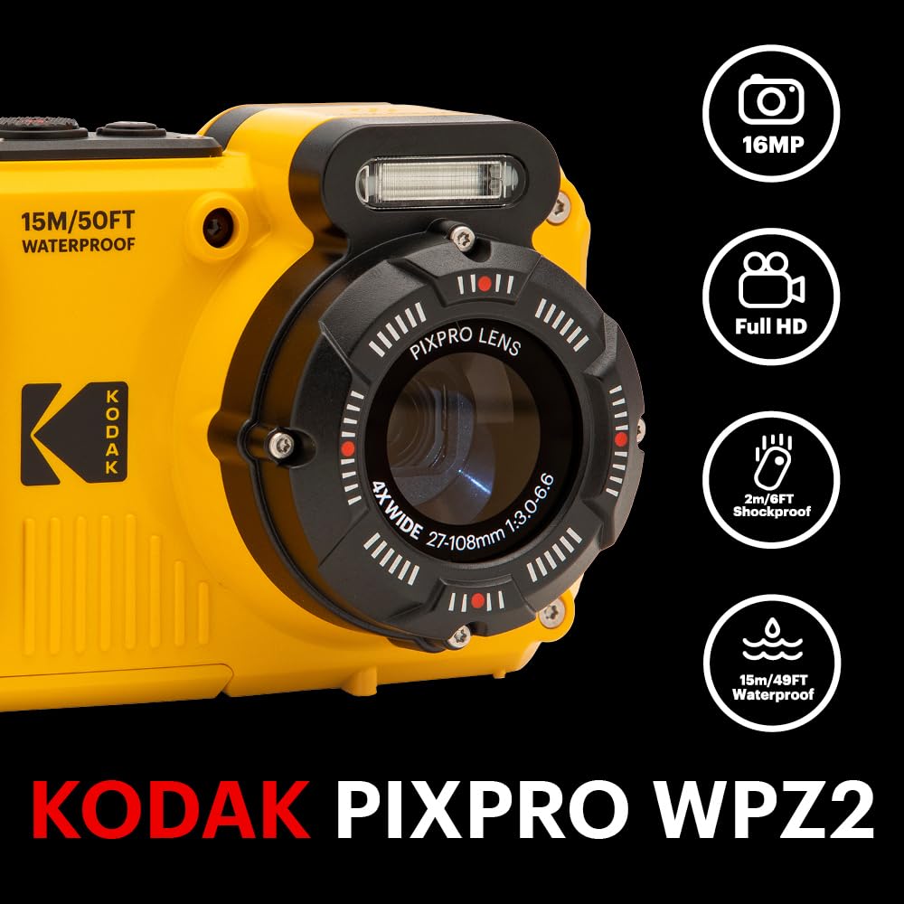 Kodak PIXPRO WPZ2 Waterproof Digital Camera, 16MP with 4X Optical Zoom, Shockproof, Dustproof, 1080p Video, Wi-Fi, Waterproof to 50ft, Blue
