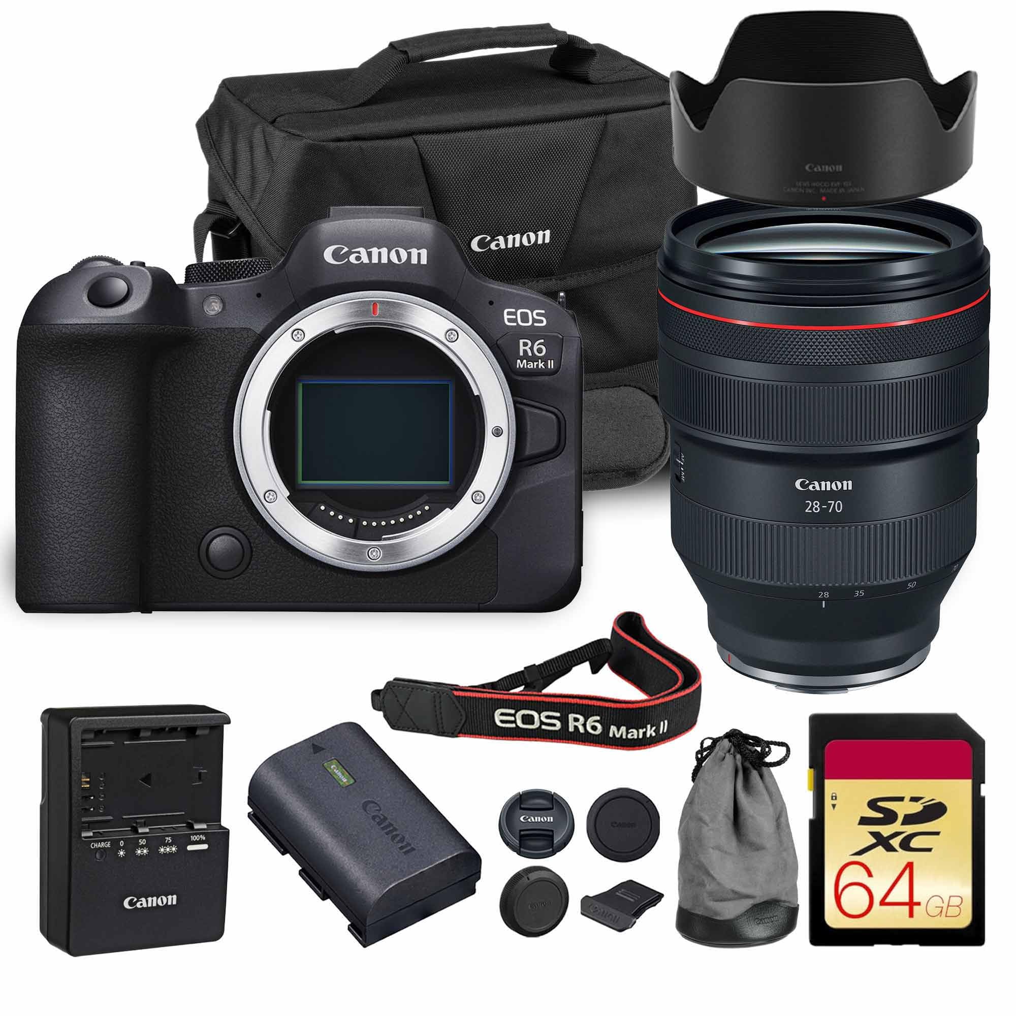 Canon EOS R6 Mark II Mirrorless Camera Body Only (5666C002) 24.2MP Full-Frame CMOS Sensor, 4K 60p Video, Dual Pixel CMOS AF II | Fast Continuous Shooting with Shoulder Bag and 64GB Memory Card