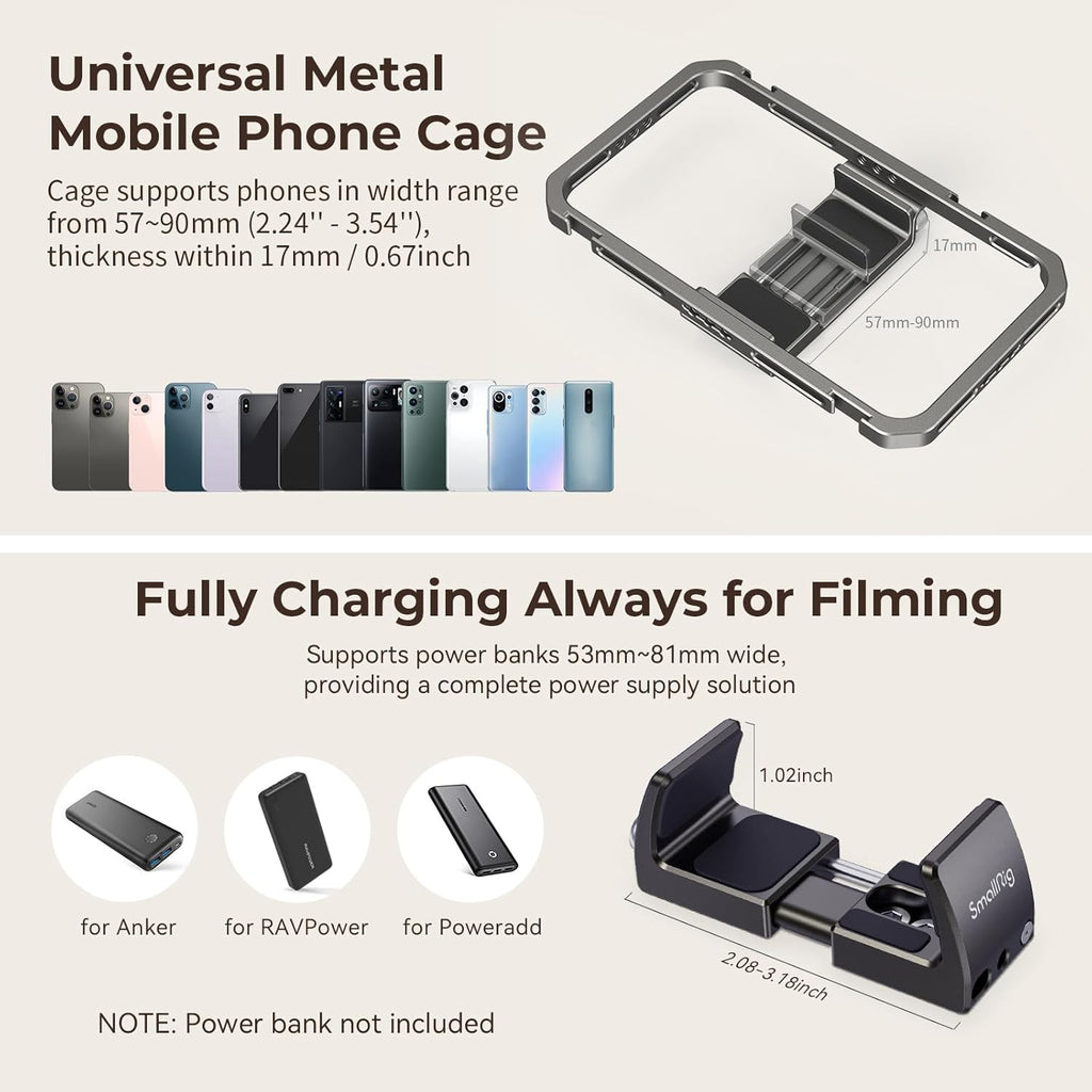 SmallRig Universal Phone Video Rig Kit for iPhone, Smartphone and Cameras, Phone Stabilizer Rig w/Tripod Microphone LED Light Side Handle Power Bank Holderm, for Vlogging & Live Streaming