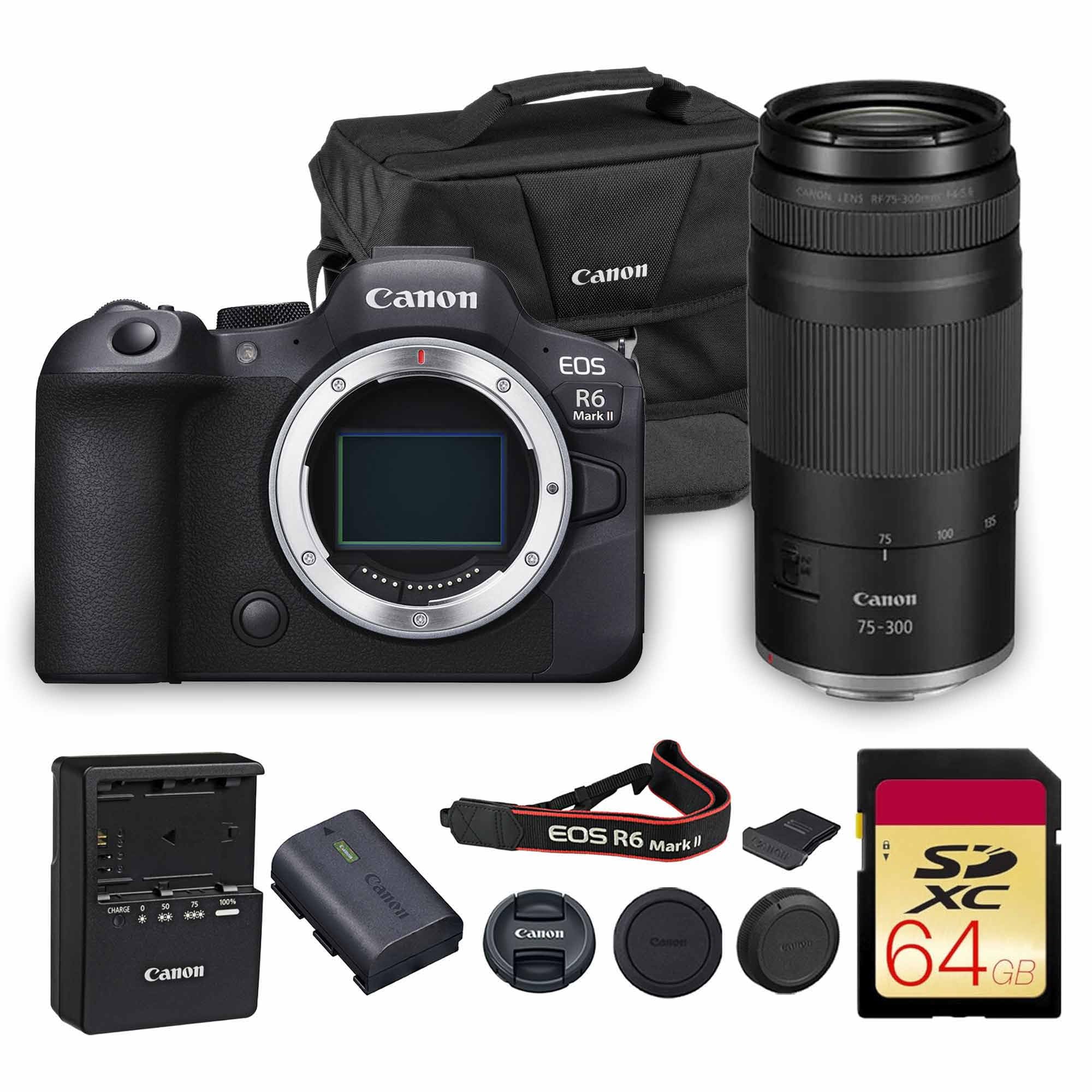 Canon EOS R6 Mark II Mirrorless Camera Body Only (5666C002) 24.2MP Full-Frame CMOS Sensor, 4K 60p Video, Dual Pixel CMOS AF II | Fast Continuous Shooting with Shoulder Bag and 64GB Memory Card