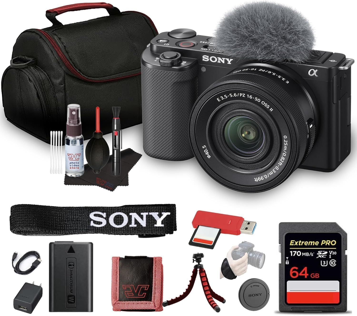 Sony ZV-E10 Mirrorless Camera Black with 16-50mm Power Zoom Lens (ILCZV-E10L) – 24.2 MP APS-C Sensor, 4K Video, Vari-Angle Screen w/ 64GB Memory Card, Bag, Card Reader and More