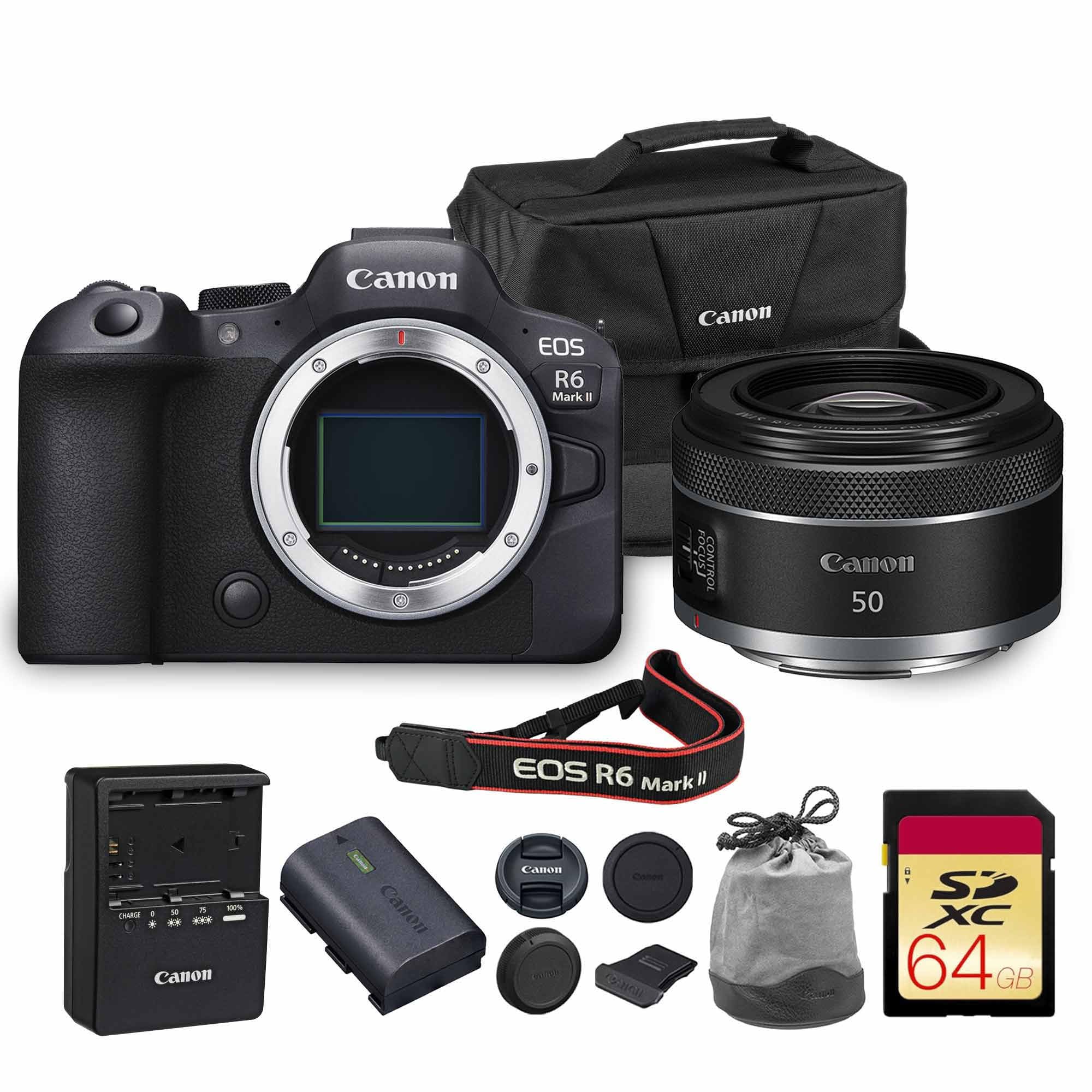 Canon EOS R6 Mark II Mirrorless Camera Body Only (5666C002) 24.2MP Full-Frame CMOS Sensor, 4K 60p Video, Dual Pixel CMOS AF II | Fast Continuous Shooting with Shoulder Bag and 64GB Memory Card