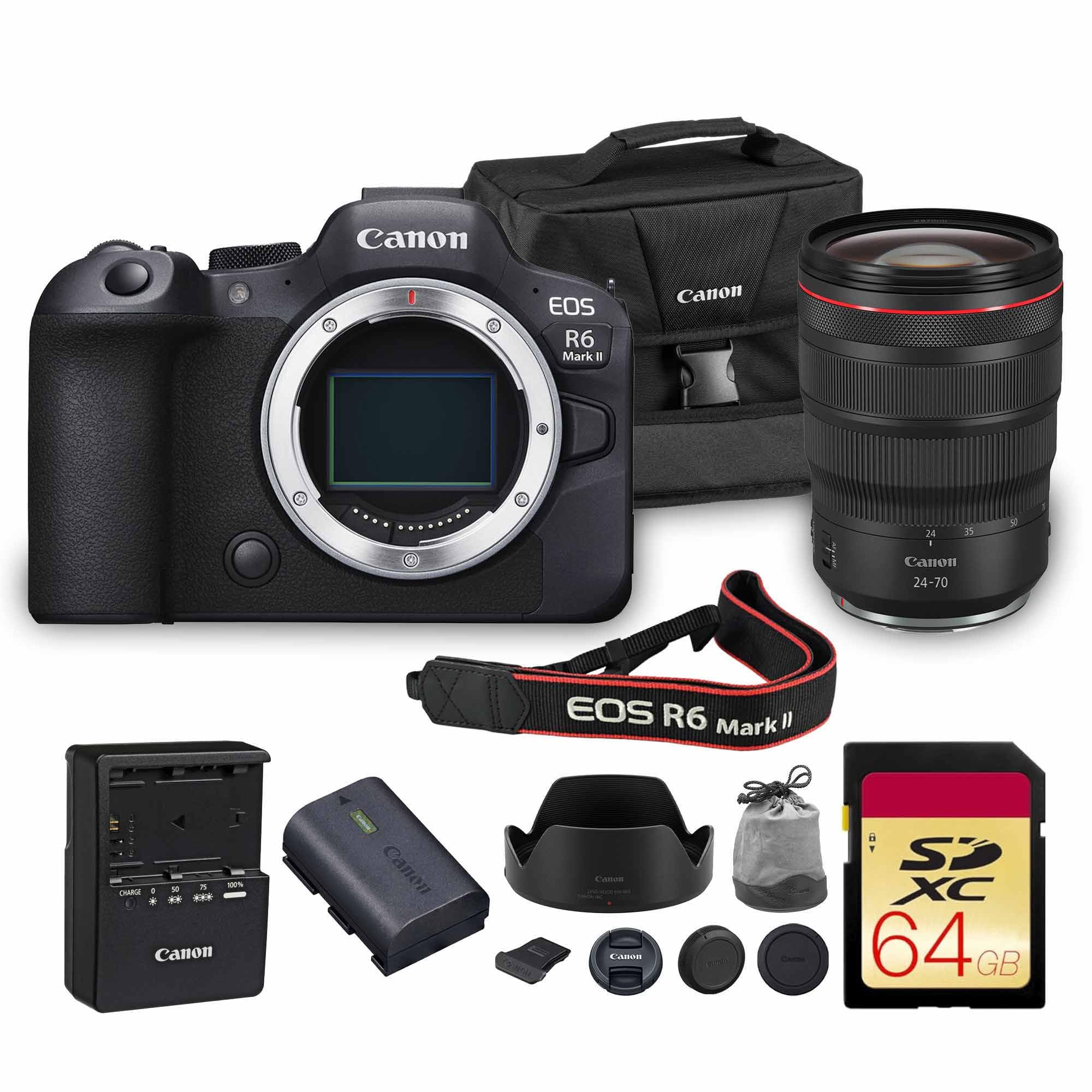 Canon EOS R6 Mark II Mirrorless Camera Body Only (5666C002) 24.2MP Full-Frame CMOS Sensor, 4K 60p Video, Dual Pixel CMOS AF II | Fast Continuous Shooting with Shoulder Bag and 64GB Memory Card