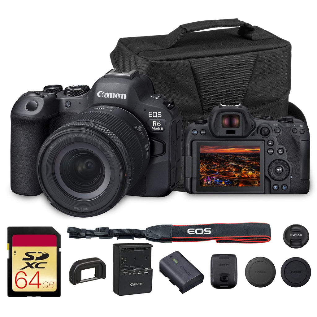 Canon EOS R6 Mark II Mirrorless Camera Body Only (5666C002) 24.2MP Full-Frame CMOS Sensor, 4K 60p Video, Dual Pixel CMOS AF II | Fast Continuous Shooting with Shoulder Bag and 64GB Memory Card