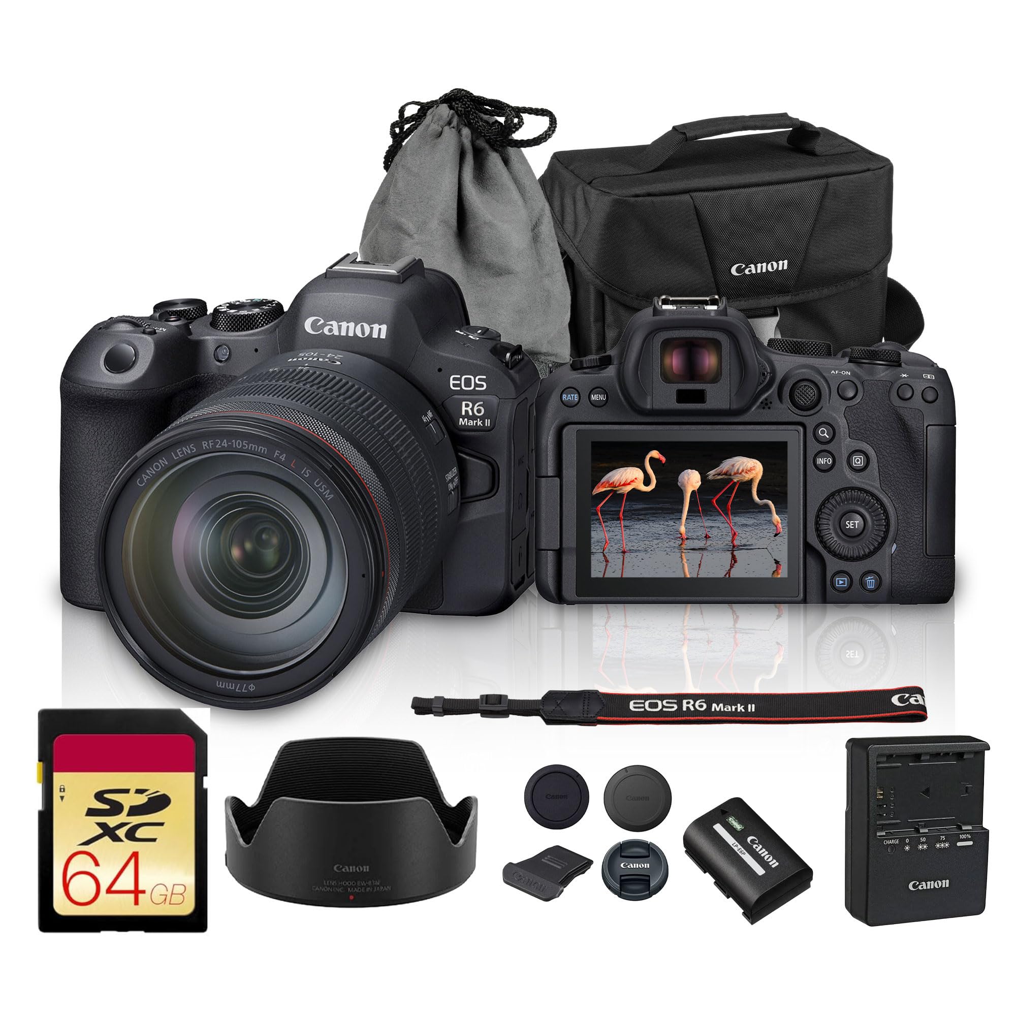 Canon EOS R6 Mark II Mirrorless Camera Body Only (5666C002) 24.2MP Full-Frame CMOS Sensor, 4K 60p Video, Dual Pixel CMOS AF II | Fast Continuous Shooting with Shoulder Bag and 64GB Memory Card