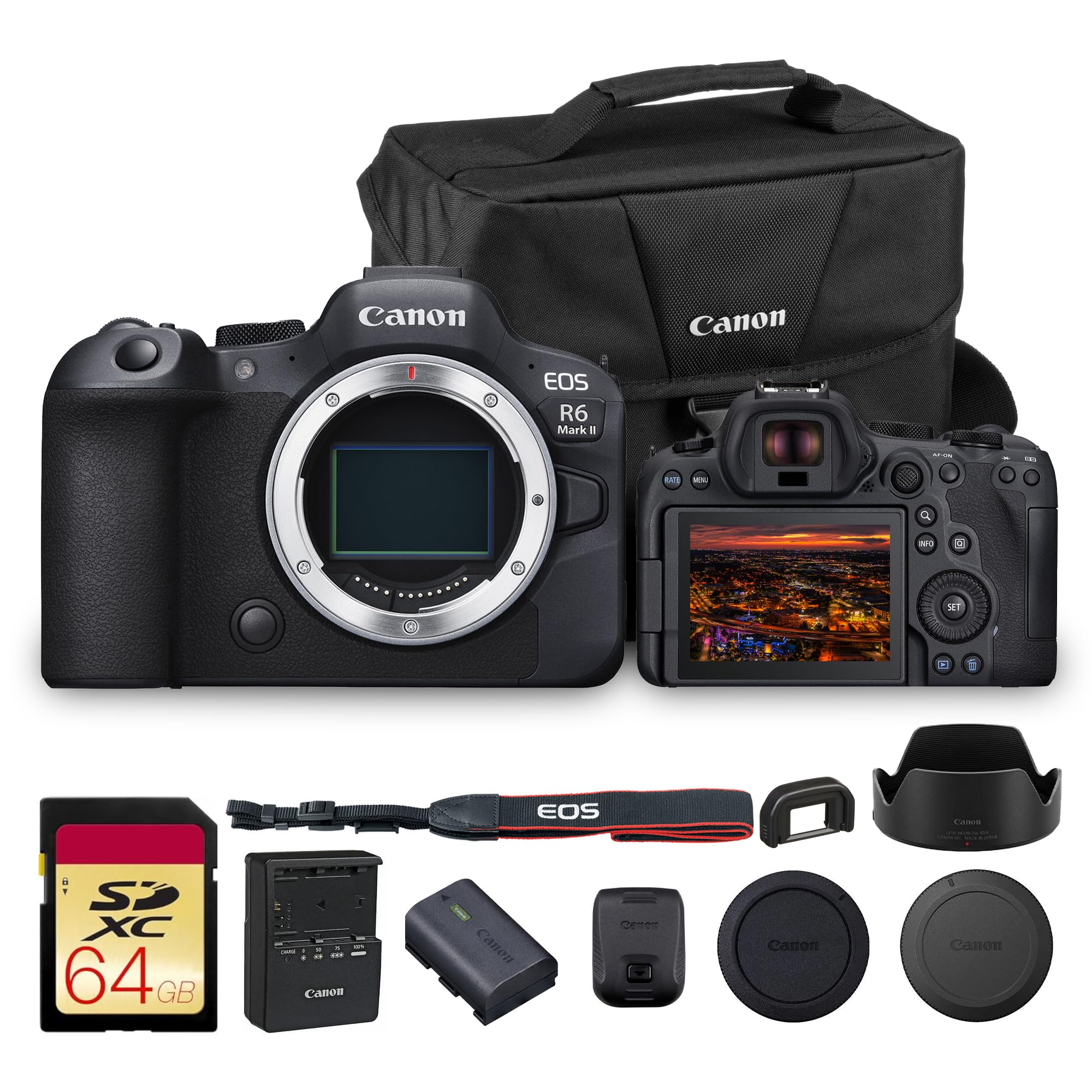Canon EOS R6 Mark II Mirrorless Camera Body Only (5666C002) 24.2MP Full-Frame CMOS Sensor, 4K 60p Video, Dual Pixel CMOS AF II | Fast Continuous Shooting with Shoulder Bag and 64GB Memory Card