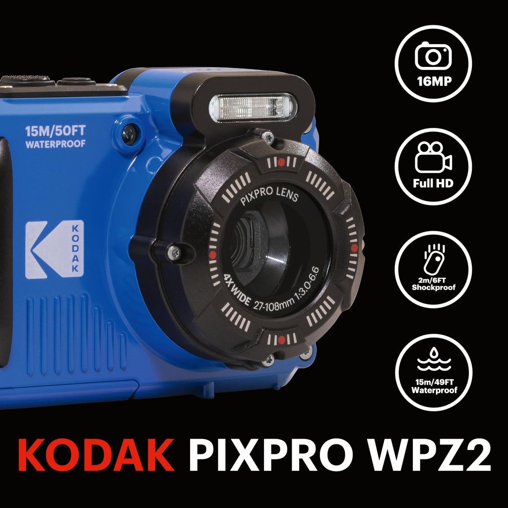 Kodak PIXPRO WPZ2 Waterproof Digital Camera, 16MP with 4X Optical Zoom, Shockproof, Dustproof, 1080p Video, Wi-Fi, Waterproof to 50ft, Blue