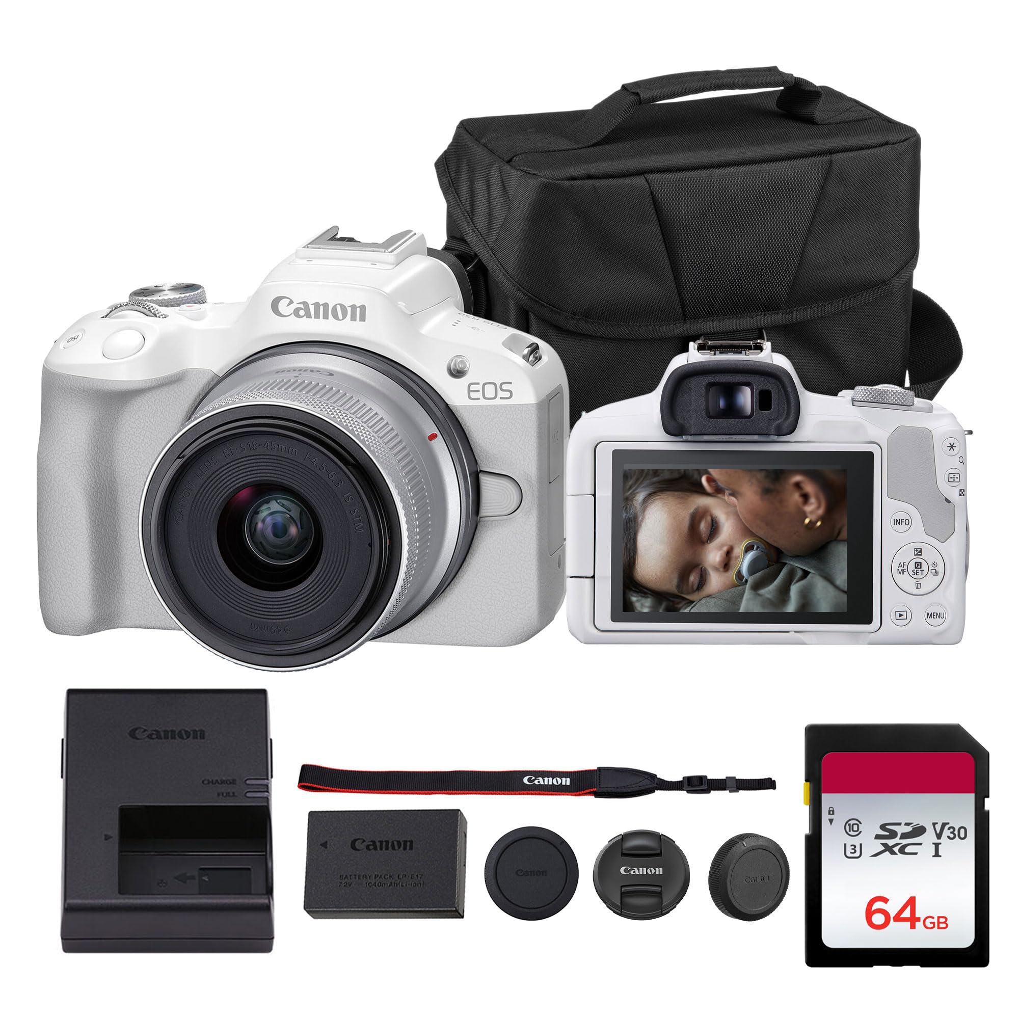 Canon EOS R50 Mirrorless Camera Kit – APS-C RF Camera with 18-45mm Lens, 4K Video, Dual Pixel AF II & Vari-Angle Touchscreen (5811C012) + Shoulder Bag + 64GB Memory Card