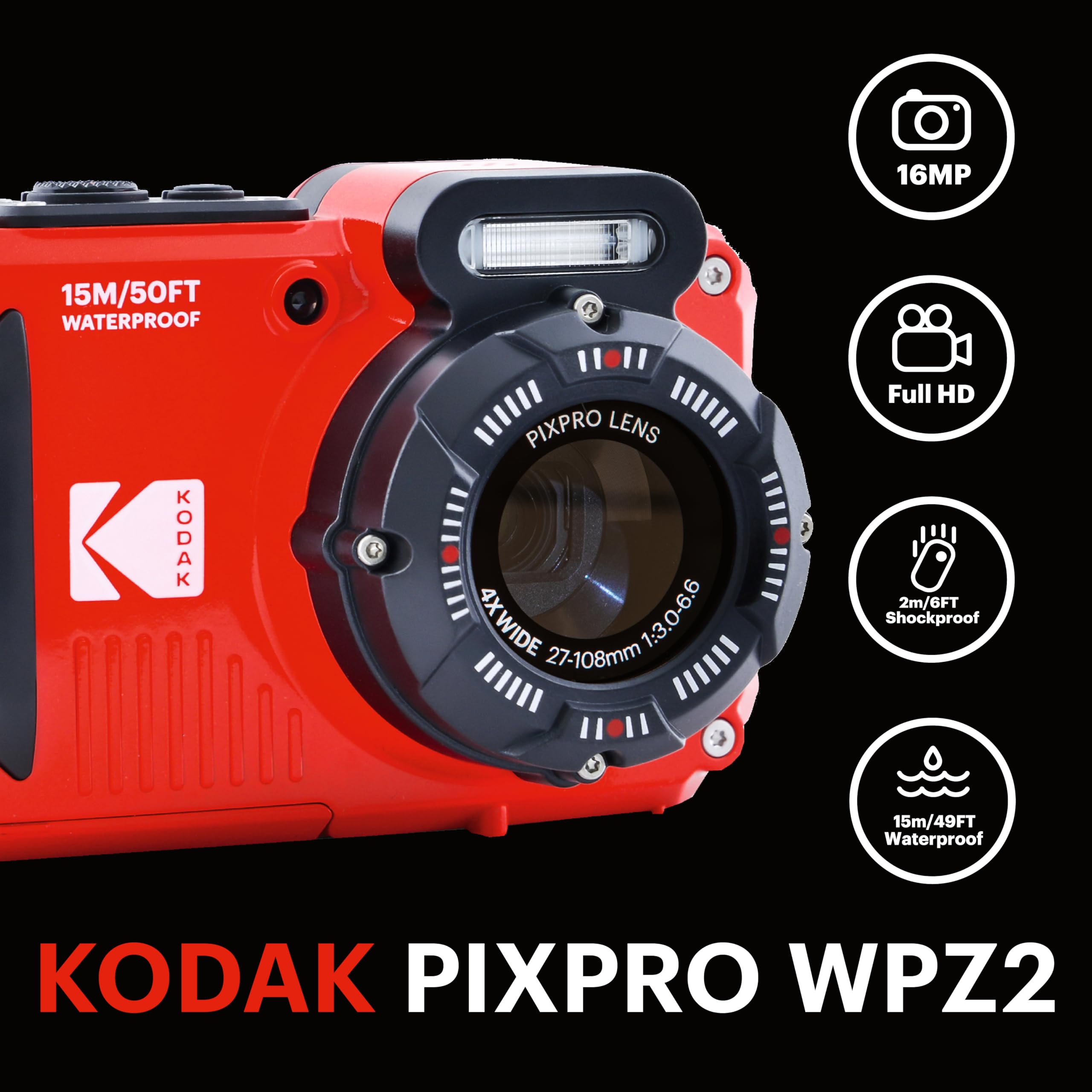 Kodak PIXPRO WPZ2 Waterproof Digital Camera, 16MP with 4X Optical Zoom, Shockproof, Dustproof, 1080p Video, Wi-Fi, Waterproof to 50ft, Blue