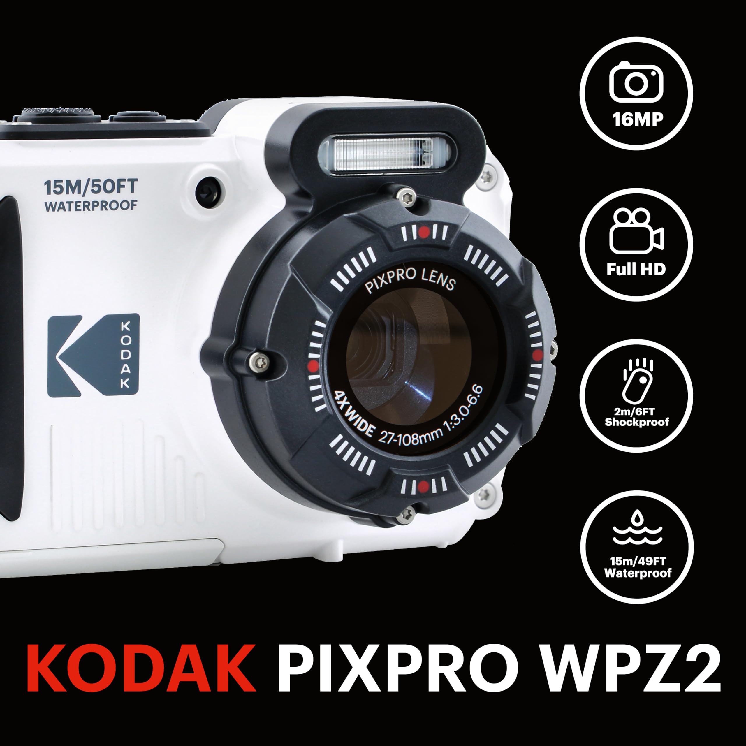 Kodak PIXPRO WPZ2 Waterproof Digital Camera, 16MP with 4X Optical Zoom, Shockproof, Dustproof, 1080p Video, Wi-Fi, Waterproof to 50ft, Blue