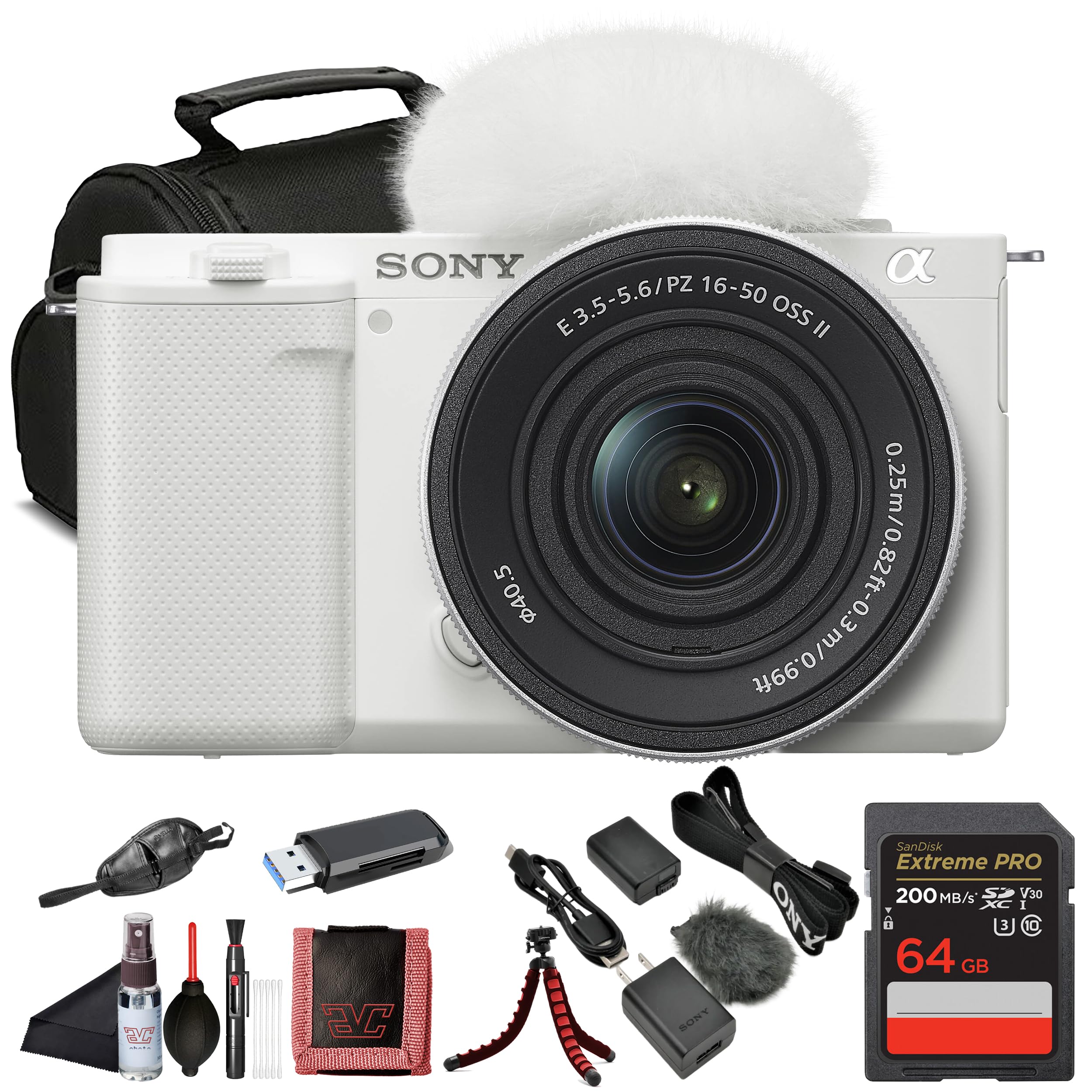Sony ZV-E10 Mirrorless Camera Black with 16-50mm Power Zoom Lens (ILCZV-E10L) – 24.2 MP APS-C Sensor, 4K Video, Vari-Angle Screen w/ 64GB Memory Card, Bag, Card Reader and More